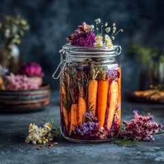 Pickled carrots with herbs and wildflowers in a glass jar