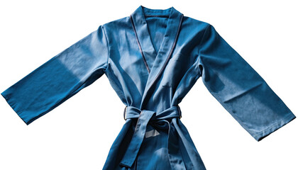 Azure satin robe with belt laid out, contrasting brown trim