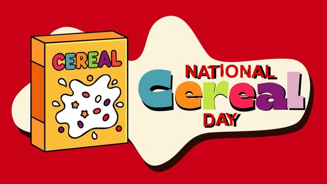 National Cereal Day themed footage with colorful cereal box and bold typography on vibrant red background. Perfect for breakfast campaigns, food advertising, grocery promotions and festive content.
