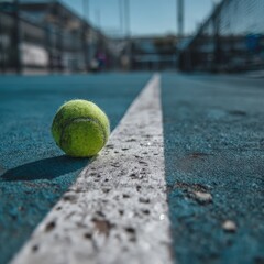 Tennis ball resting on blue hard court line