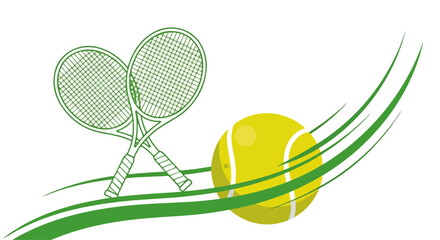 Illustration of two green tennis rackets and a yellow tennis ball with green motion lines on a white background.