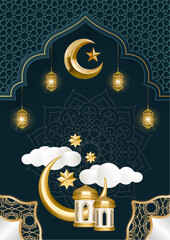 ramadhan kareem. islamic greetings ramadan kareem card design background with lanterns and crescent moon. vector illustration © Wiwit