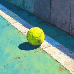 Tennis ball resting on court line with sunlight