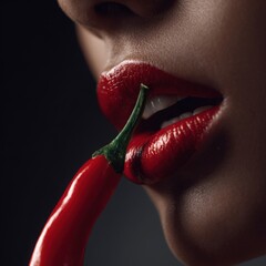 Red lips biting hot chili pepper, conveying spice and sensuality
