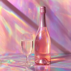 Pink iridescent champagne bottle with sparkling flute