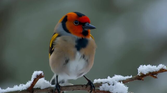 Colorful hooded siskin perched on a snow covered branch in winter with its distinctive orange head and black markings