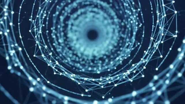 A swirling digital vortex of interconnected glowing particles.