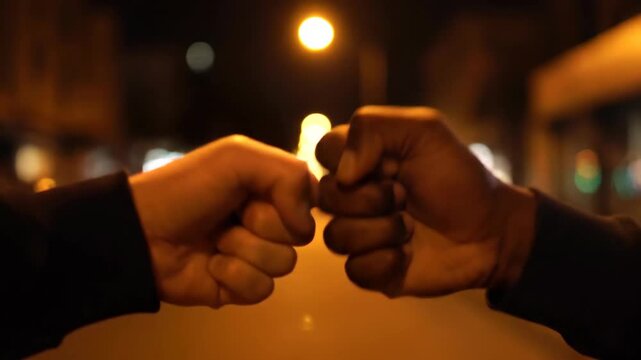 Two fists facing each other in a confrontational stance on a city street at night