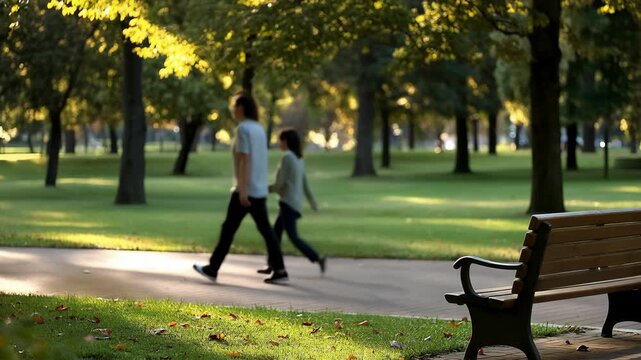 Couple walking in a tranquil green park on a sunny day with sunlight filtering through the trees beside empty bench