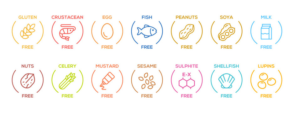 Isolated Vector Logo Set Badge Ingredient Warning Label. Cheerful and colorful Allergens icons. Food Intolerance. The 14 allergens required to declare written in english