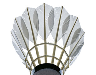 A close-up of a badminton shuttlecock with a black background