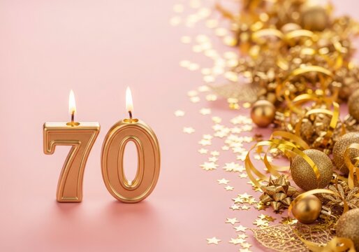Elegant 70th birthday celebration with lit golden candles, abundant gold confetti, ribbons, and ornaments on a soft pink background.