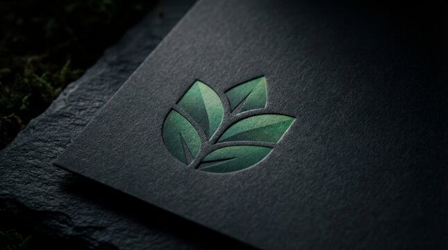Elegant green leaf logo mockup on a dark textured stone surface for eco branding.
