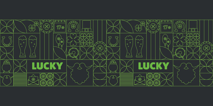 St Patrick Day Lucky Seamless Pattern with Irish Symbols. Saint Patrick Day Banner with Green Outline Icons