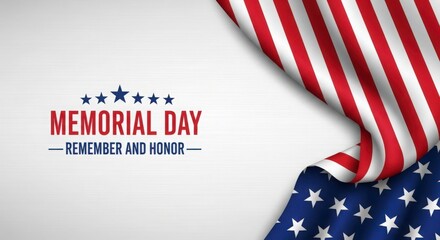 Fototapeta premium Memorial Day design with a draped American flag on a textured white and grey background, plus 