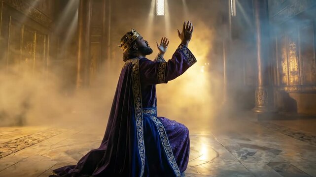 Biblical King Solomon Praying in the Golden Temple of Jerusalem with Divine Glory and Smoke