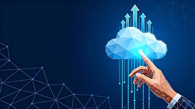 Hand touching cloud with digital arrows