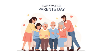 Fototapeta premium Illustration of a multi-generational family group hugging each other on World Parents Day with a warm and loving mood against a clean white background.