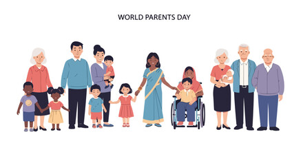 Fototapeta premium Illustration of a diverse group of people of various ages and abilities standing together on World Parents Day against a clean white background.