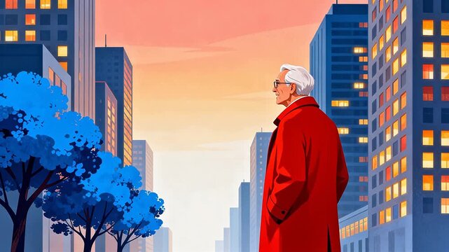Elderly man in red coat cityscape
