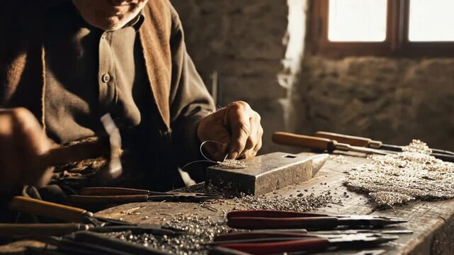 Artisan jeweler working in a rustic workshop, carefully hammering intricate silver filigree onto an anvil.
