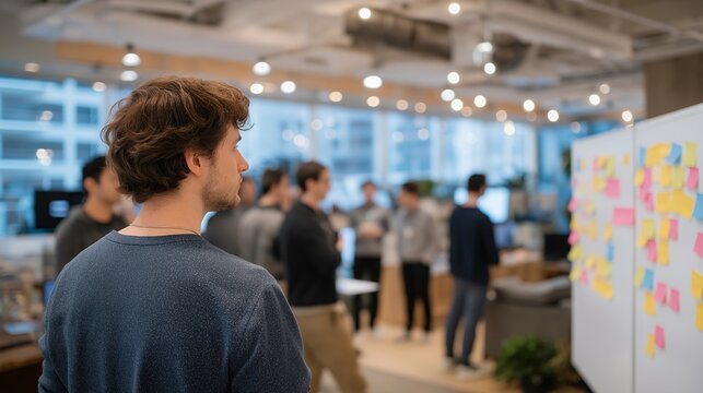 Collaborative think tank on the future of genetics with researchers brainstorming revolutionary ideas in a creative studio space. Open-concept office filled with whiteboards, colorful sticky notes,