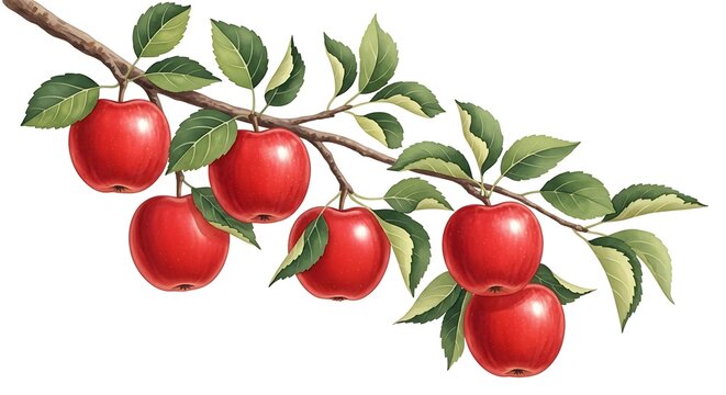 A digitally rendered, detailed illustration of an apple tree branch laden with ripe, red fruit