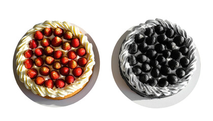 Two cakes, one color, one grayscale, on white plates