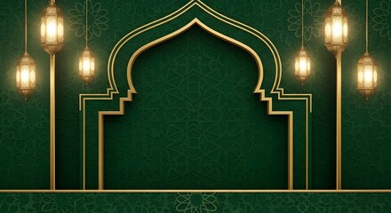 Golden Islamic arch with lanterns on green patterned background