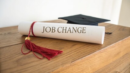 Fototapeta premium Job Change Concept with Graduation Cap and Certificate on Wood Table