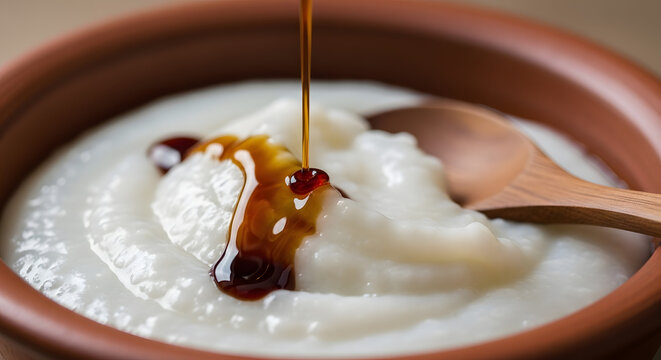 Creamy Porridge with a Drizzle of Sweet Syrup in a Rustic Bowl