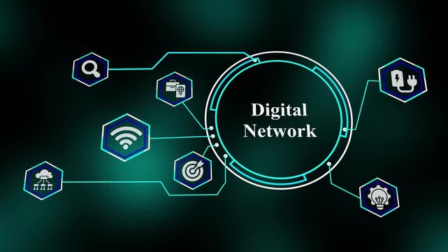 Digital Network visualization with connected cloud computing nodes, wireless communication systems, cybersecurity layers, and smart data integration.