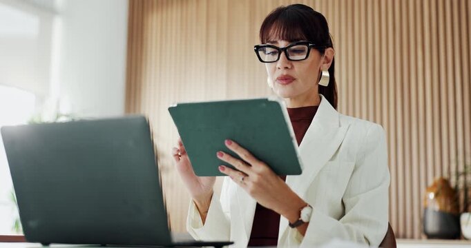 Business, tablet and woman in office, reflection and online magazine for article submission. Person, copywriting and journalist in workplace, tech and planning for news report, check facts or eyewear