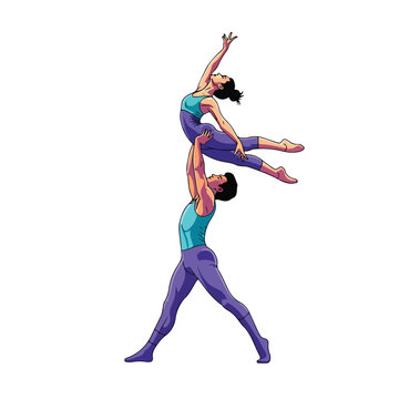 Illustration of a man lifting a woman in a yoga pose against a white background with colorful outfits.