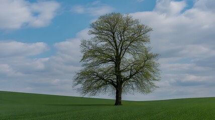 Serene landscape with tree in green field under blue sky