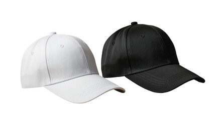 Two baseball caps, one white and one black, side by side on a black background