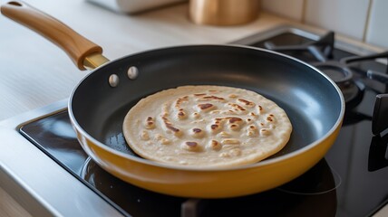 Delicious tortilla cooking in yellow frying pan on modern stovetop