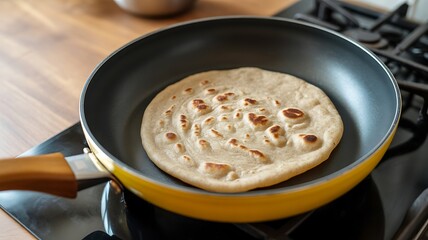 Delicious homemade naan bread cooking in yellow pan on stovetop