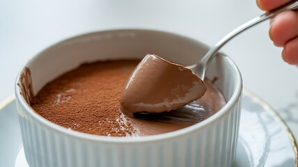 Delicious chocolate mousse dessert in white ramekin