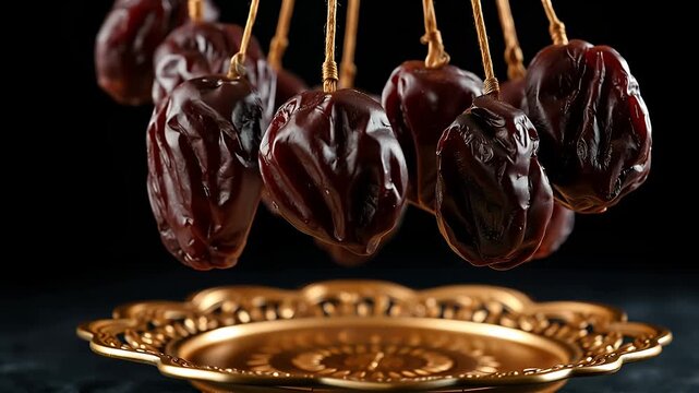 dried dates on skewers over golden plate on black background
