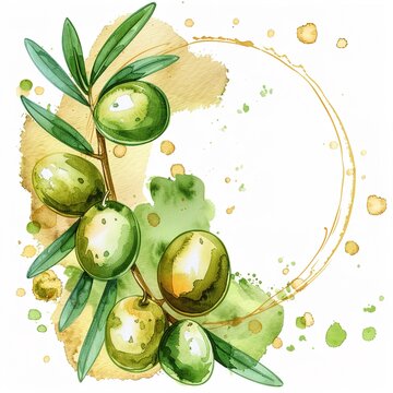 Watercolor Illustration of Green Olives with Leaves