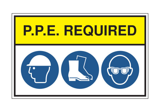PPE Required Safety Sign with Hard Hat, Safety Boots and Eye Protection Icons on Yellow Header &ndash; Mandatory Personal Protective Equipment Workplace Compliance Signage