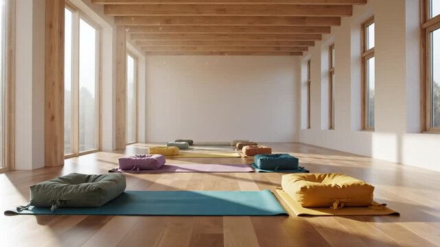 Bright yoga studio with wooden beams, natural light, and meditation cushions ready for practice