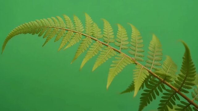 A delicate fern frond is shown against a green screen, illustrating its intricate leaf structure and readiness for fern spore dispersal.