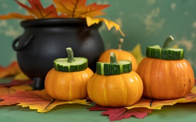 Creative Halloween pumpkins with cucumber stems on leaves