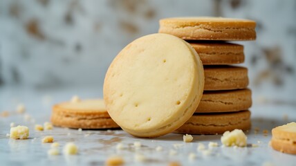 Stack of shortbread cookies with crumbs on surface