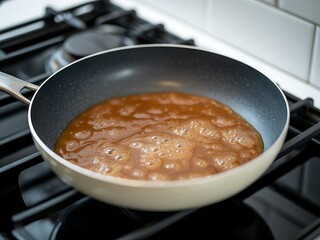 Sizzling brown sauce bubbles in a modern frying pan on a gas stove