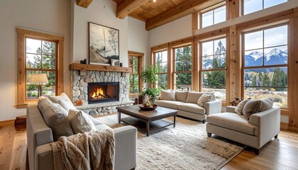 Fototapeta premium A cozy living room with a fireplace and large windows (1)