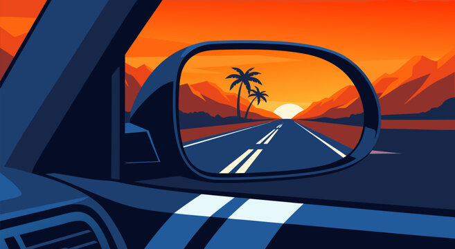 Stylized Car Interior Vector Illustration with Driver's Mirror Reflecting Sunset Road Scene and Palm Tree Landscape