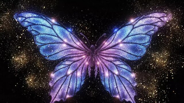 Magical glowing blue and purple butterfly shimmering with golden particles on a dark abstract background.